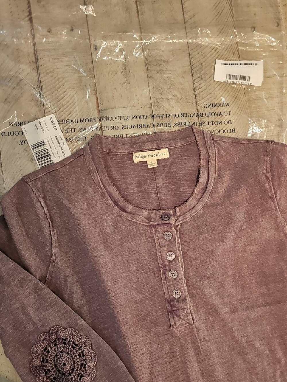 Indigo Thread Co. Lavender Crochet Sleeve Henley - Picture 4 of 4
